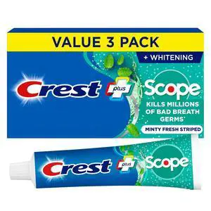Crest + Scope Whitening Toothpaste, Pack of 3, 5.4 Oz Tubes, Anticavity Fluoride, Fresh Breath, Kills Germs, Tartar Protection, Enamel Protection, Minty Fresh Flavor Crest + Scope Whitening Toothpaste, Pack of 3, 5.4 Oz Tubes, Anticavity Fluoride, Fresh Breath, Kills Germs, Tartar Protection, Enamel Protection, Minty Fresh Flavor