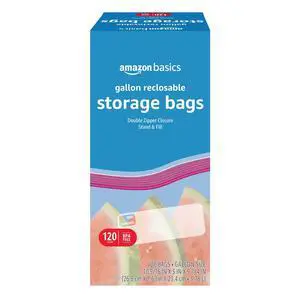Amazon Basics Reusable Gallon Food Storage Bags with Double Zipper Seal, Stand and Fill Base, BPA-Free, 120 Count Amazon Basics Reusable Gallon Food Storage Bags with Double Zipper Seal, Stand and Fill Base, BPA-Free, 120 Count