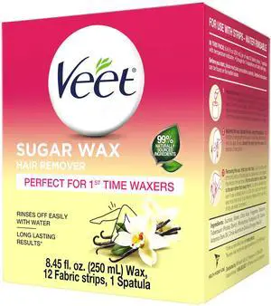 VEET Sugar Wax Hair Remover Waxing Kit with Essential Oils and Floral Vanilla Fragrance, 250ml Wax, 12 Fabric Strips and 1 Spatula VEET Sugar Wax Hair Remover Waxing Kit with Essential Oils and Floral Vanilla Fragrance, 250ml Wax, 12 Fabric Strips and 1 Spatula