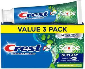 Crest Premium Plus Scope Outlast Fluoride Toothpaste, Mint, 5.2 oz (3-Pack) Long-Lasting Freshness & Cavity Protection Crest Premium Plus Scope Outlast Fluoride Toothpaste, Mint, 5.2 oz (3-Pack) Long-Lasting Freshness & Cavity Protection