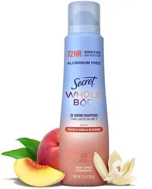 Secret Women's Whole Body Deodorant Spray, Aluminum Free, Peach & Vanilla, 3.5oz Secret Women's Whole Body Deodorant Spray, Aluminum Free, Peach & Vanilla, 3.5oz