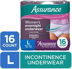 Assurance Women's Overnight Incontinence and Postpartum Underwear, L, Ultimate Absorbency, 16 Count Assurance Women's Overnight Incontinence and Postpartum Underwear, L, Ultimate Absorbency, 16 Count