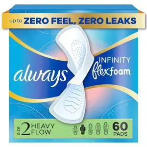 Always Infinity FlexFoam Size 2 Heavy Pads with Wings, Unscented, 60 Count for Women Always Infinity FlexFoam Size 2 Heavy Pads with Wings, Unscented, 60 Count for Women
