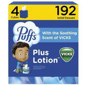 Puffs Plus Lotion with Vicks Facial Tissues, 4 Cubes (192 Tissues), Packaging May Vary Puffs Plus Lotion with Vicks Facial Tissues, 4 Cubes (192 Tissues), Packaging May Vary