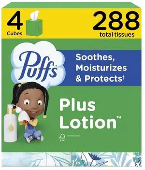 Puffs Plus Lotion Facial Tissues, 4 Mega Cube Boxes (72 Tissues per Box), for Allergies and Colds, Packaging May Vary Puffs Plus Lotion Facial Tissues, 4 Mega Cube Boxes (72 Tissues per Box), for Allergies and Colds, Packaging May Vary