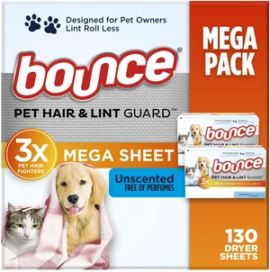 Bounce Pet Hair & Lint Guard Mega Dryer Sheets, 3X Pet Hair Fighters, Unscented, 130 Count Bounce Pet Hair & Lint Guard Mega Dryer Sheets, 3X Pet Hair Fighters, Unscented, 130 Count