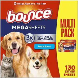 Bounce Pet Hair and Lint Guard Mega Dryer Sheets, 3X Pet Hair Fighters, Fresh Scent, 130 Count Bounce Pet Hair and Lint Guard Mega Dryer Sheets, 3X Pet Hair Fighters, Fresh Scent, 130 Count