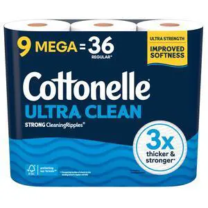 Cottonelle Ultra Clean Toilet Paper, 9 Mega Rolls = 36 Regular Rolls Cottonelle Ultra Clean Toilet Paper, 9 Mega Rolls = 36 Regular Rolls