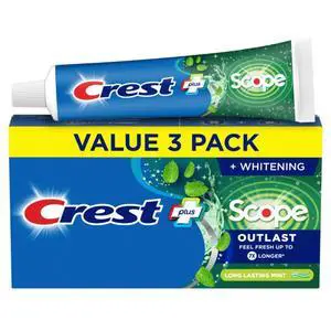 Crest Complete Whitening + Scope Long Lasting Mint Toothpaste, Triple Pack (3 Tubes of 5.4oz), 16.2oz Crest Complete Whitening + Scope Long Lasting Mint Toothpaste, Triple Pack (3 Tubes of 5.4oz), 16.2oz