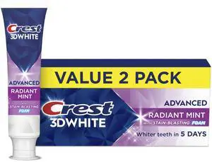 Crest 3D White Advanced Teeth Whitening Toothpaste, Radiant Mint, 3.3oz, Pack of 2 Crest 3D White Advanced Teeth Whitening Toothpaste, Radiant Mint, 3.3oz, Pack of 2