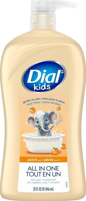 Dial Kids All-in-1 Body + Hair + Bubble Bath, 32Fl Oz, Peach Scent, Hypoallergenic, No Tears Formula for Kids 2+ Years, No Parabens & Silicones Dial Kids All-in-1 Body + Hair + Bubble Bath, 32Fl Oz, Peach Scent, Hypoallergenic, No Tears Formula for Kids 2+ Years, No Parabens & Silicones