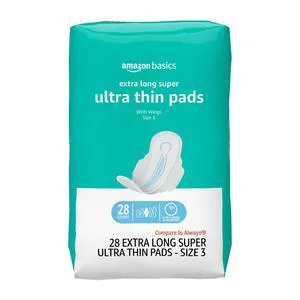 Amazon Basics Ultra Thin Pads with Flexi-Wings, Extra Long, Super Absorbency, Leak Protection, Unscented, Size 3, 28 Count Amazon Basics Ultra Thin Pads with Flexi-Wings, Extra Long, Super Absorbency, Leak Protection, Unscented, Size 3, 28 Count