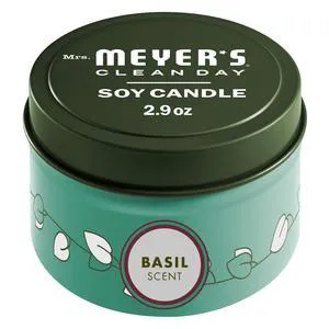Mrs. Meyer's Clean Day Soy Tin Candle, Basil, 2.9oz, 12-Hour Burn Time, Made with Soy Wax and Essential Oils Mrs. Meyer's Clean Day Soy Tin Candle, Basil, 2.9oz, 12-Hour Burn Time, Made with Soy Wax and Essential Oils