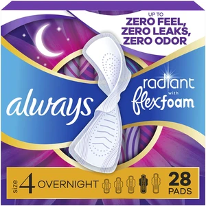 Always Radiant Feminine Pads, Size 4, Overnight Absorbency, Lightly Scented, Flexfoam Pads with Wings, 28 Count Always Radiant Feminine Pads, Size 4, Overnight Absorbency, Lightly Scented, Flexfoam Pads with Wings, 28 Count