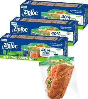 Ziploc XL Sandwich Bags, 90 Count (3-Pack of 30 Count) Ziploc XL Sandwich Bags, 90 Count (3-Pack of 30 Count)