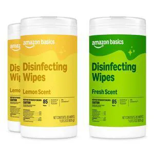 Amazon Basics Disinfecting Wipes, 255 Count (3 Packs of 85), Lemon & Fresh Scent, Sanitizes, Cleans, Disinfects & Deodorizes Amazon Basics Disinfecting Wipes, 255 Count (3 Packs of 85), Lemon & Fresh Scent, Sanitizes, Cleans, Disinfects & Deodorizes