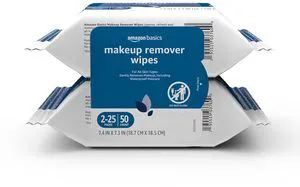 Amazon Basics Makeup Remover Wipes, 25 Count (2-Pack), Gentle Cleansing, pH-Balanced, Plant Based, Alcohol-Free, Dermatologist Tested, Removes Waterproof Mascara Amazon Basics Makeup Remover Wipes, 25 Count (2-Pack), Gentle Cleansing, pH-Balanced, Plant Based, Alcohol-Free, Dermatologist Tested, Removes Waterproof Mascara