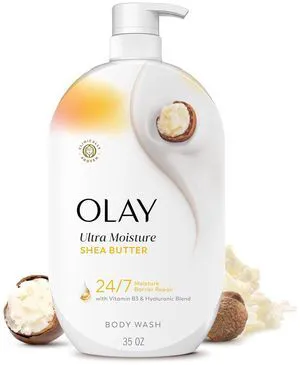 Olay Ultra Moisture Body Wash with Vitamin B3 & Hyaluronic Blend, 24/7 Moisture Barrier Repair, Hydrating Formula for All Skin Types, Shea Butter Scent, 35 fl oz Olay Ultra Moisture Body Wash with Vitamin B3 & Hyaluronic Blend, 24/7 Moisture Barrier Repair, Hydrating Formula for All Skin Types, Shea Butter Scent, 35 fl oz