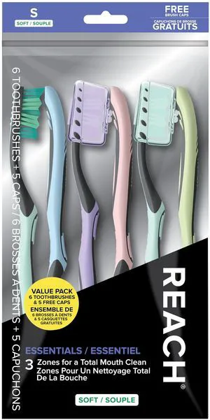 Reach Essentials Soft Toothbrushes with Toothbrush Caps, 6 Count Reach Essentials Soft Toothbrushes with Toothbrush Caps, 6 Count