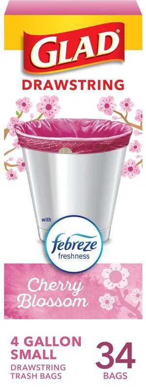 Glad Small Trash Bags 4 Gallon, Febreze Cherry Blossom, Odor Resistant with Drawstring, 34 Count Glad Small Trash Bags 4 Gallon, Febreze Cherry Blossom, Odor Resistant with Drawstring, 34 Count
