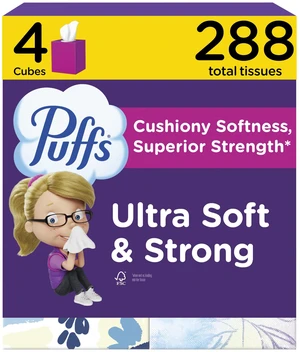 Puffs Ultra Soft Facial Tissues, 4 Mega Cube Boxes, 72 Tissues per Box, for Allergies and Colds (Packaging May Vary) Puffs Ultra Soft Facial Tissues, 4 Mega Cube Boxes, 72 Tissues per Box, for Allergies and Colds (Packaging May Vary)