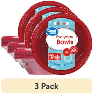 Great Value Everyday Disposable Plastic Bowls (3 Pack), 20 oz, Red, 25 Count Great Value Everyday Disposable Plastic Bowls (3 Pack), 20 oz, Red, 25 Count