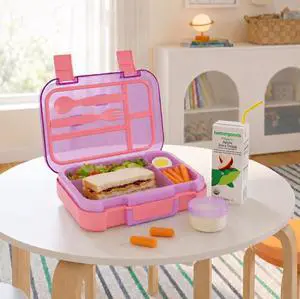 Kids 4-Compartment Plastic Bento Box with Removable Tray, Fork, Spoon, and Dressing Container, Pink Glitter Kids 4-Compartment Plastic Bento Box with Removable Tray, Fork, Spoon, and Dressing Container, Pink Glitter