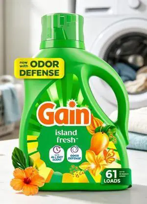 Gain Laundry Detergent Liquid, Now with Odor Defense, Island Fresh Scent, 81 fl oz, 61 Loads Gain Laundry Detergent Liquid, Now with Odor Defense, Island Fresh Scent, 81 fl oz, 61 Loads