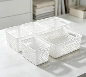Mainstays 4-Piece White Decorative Plastic Storage Basket Set, 14 in x 11.6 in x 5.3 in Mainstays 4-Piece White Decorative Plastic Storage Basket Set, 14 in x 11.6 in x 5.3 in