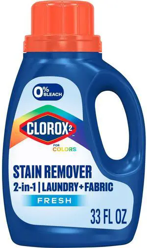 Clorox 2 For Colors Stain Remover, 2 in 1 Laundry + Fabric, Bleach Free, Fresh Scent, 33 Fl Oz. Clorox 2 For Colors Stain Remover, 2 in 1 Laundry + Fabric, Bleach Free, Fresh Scent, 33 Fl Oz.