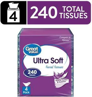 Great Value Ultra Soft Facial Tissues, 4 Cubes, 60 Tissues per Cube, 3-Ply, Compare to Kleenex Great Value Ultra Soft Facial Tissues, 4 Cubes, 60 Tissues per Cube, 3-Ply, Compare to Kleenex