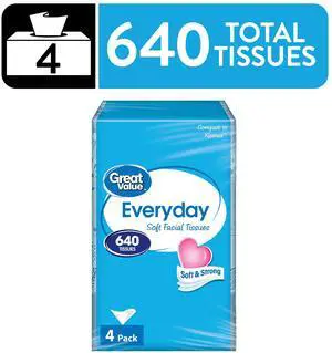 Great Value Everyday Soft Facial Tissues, 4 Flat Cartons, 160 Tissues per Carton, 2-Ply Great Value Everyday Soft Facial Tissues, 4 Flat Cartons, 160 Tissues per Carton, 2-Ply