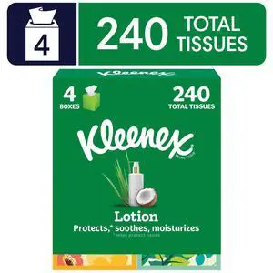 Kleenex Lotion with Coconut Oil 3-Ply Cube Box Facial Tissues, 4 Pack (240 Total Tissues) Kleenex Lotion with Coconut Oil 3-Ply Cube Box Facial Tissues, 4 Pack (240 Total Tissues)