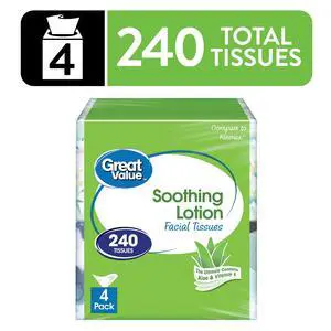 Great Value Soothing Lotion Facial Tissues, 4 Cubes, 60 Tissues per Cube, 3-Ply, Compare to Kleenex® Great Value Soothing Lotion Facial Tissues, 4 Cubes, 60 Tissues per Cube, 3-Ply, Compare to Kleenex®