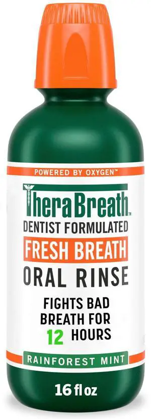 TheraBreath Fresh Breath Mouthwash, Rainforest Mint, Alcohol-Free Mouthwash for Adults, 16 fl oz TheraBreath Fresh Breath Mouthwash, Rainforest Mint, Alcohol-Free Mouthwash for Adults, 16 fl oz