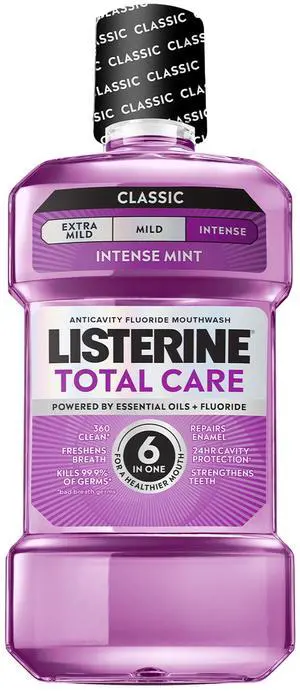 Listerine Total Care Fluoride Mouthwash for Cavity Prevention, Intense Mint, 33.8 fl oz/1L Listerine Total Care Fluoride Mouthwash for Cavity Prevention, Intense Mint, 33.8 fl oz/1L