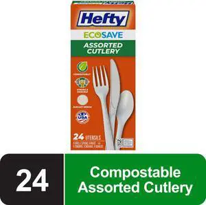 (2 pack) Hefty ECOSAVE Compostable Assorted Cutlery Set, 24 Count (2 pack) Hefty ECOSAVE Compostable Assorted Cutlery Set, 24 Count