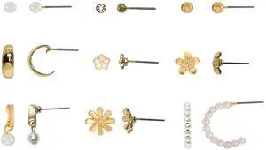 Time and Tru Womens Gold Mini Stud and Hoop Earring Collection, Flower Motif, 9 Pairs Time and Tru Womens Gold Mini Stud and Hoop Earring Collection, Flower Motif, 9 Pairs