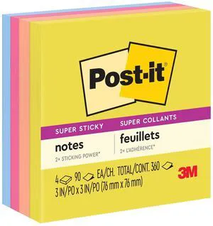 Post-it Super Sticky Notes, 3 in x 3 in, Summer Joy, 4 Pads Post-it Super Sticky Notes, 3 in x 3 in, Summer Joy, 4 Pads