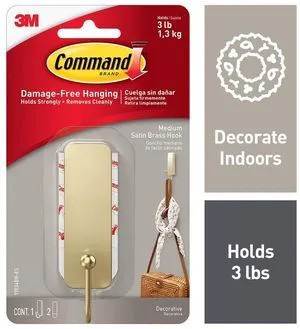 Command Medium Decorative Hooks, Matte Satin Brass, Damage Free Decorating, 1 Hook and 2 Strips Command Medium Decorative Hooks, Matte Satin Brass, Damage Free Decorating, 1 Hook and 2 Strips