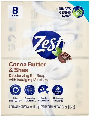 Zest Cocoa Butter & Shea Bar Soap, for All Skin Types, 4 oz, 8 Bars Zest Cocoa Butter & Shea Bar Soap, for All Skin Types, 4 oz, 8 Bars