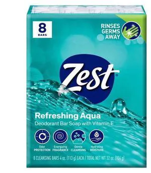 Zest Deodorant Bar Soap, Hydrating Moisture for All Skin Types, Aqua, 4 oz, 8 Bars Zest Deodorant Bar Soap, Hydrating Moisture for All Skin Types, Aqua, 4 oz, 8 Bars