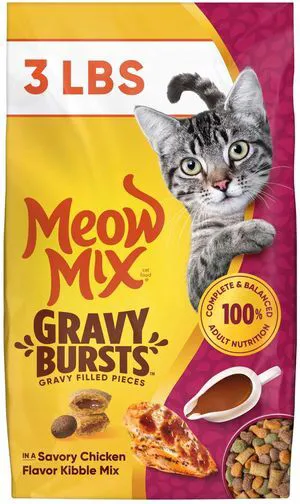Meow Mix Gravy Bursts, Savory Chicken Flavor Mix, Gravy Filled Dry Cat Food, 3 lb. Bag Meow Mix Gravy Bursts, Savory Chicken Flavor Mix, Gravy Filled Dry Cat Food, 3 lb. Bag