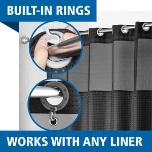 Mainstays Gemma Easy Hang Hookless Fabric Shower Curtain with Built-in Rings, 70 in x 74 in, Black Mainstays Gemma Easy Hang Hookless Fabric Shower Curtain with Built-in Rings, 70 in x 74 in, Black
