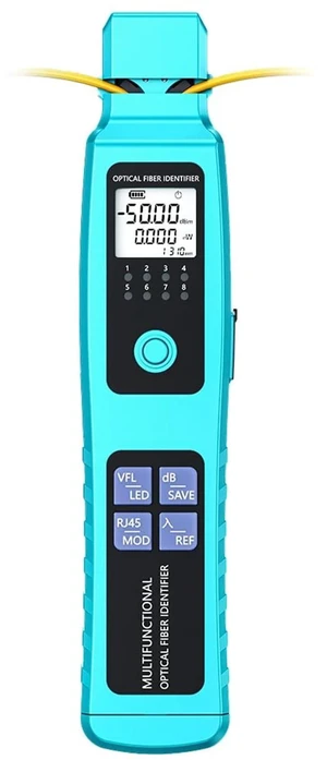 Battery-Powered Fiber Optic Identifier -50-26dBm 5-in-1 Tool with Power Meter, Red Light Source, Clamp for Single & Multi-Mode Fiber Direction Check Battery-Powered Fiber Optic Identifier -50-26dBm 5-in-1 Tool with Power Meter, Red Light Source, Clamp for Single & Multi-Mode Fiber Direction Check