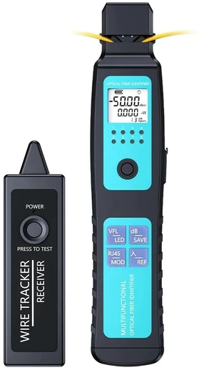 Fiber Optic Identifier with Power Meter & Red Light Source Battery-Powered, -70-10dBm, 5-in-1 Clamp, Cable Tracer, Direction Finder for Single-Mode & Multi-Mode Fibers Fiber Optic Identifier with Power Meter & Red Light Source Battery-Powered, -70-10dBm, 5-in-1 Clamp, Cable Tracer, Direction Finder for Single-Mode & Multi-Mode Fibers