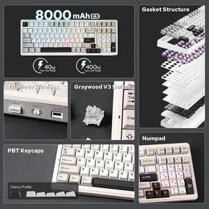 x Aula F99 Wireless Mechanical Keyboard, Hot Swappable Gasket Custom Gaming Keyboard with Five-Layer Padding, BT/2.4GHz/USB-C, 8000mAh Battery (White Grey, Graywood V3 Switch) x Aula F99 Wireless Mechanical Keyboard, Hot Swappable Gasket Custom Gaming Keyboard with Five-Layer Padding, BT/2.4GHz/USB-C, 8000mAh Battery (White Grey, Graywood V3 Switch)