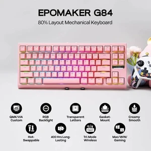 G84 80% RGB Gaming Mechanical Keyboard, 2.4GHz/ Type-C/BT Wireless Keyboard, QMK/VIA Programmable, Hot-Swappable, NKRO, with Shine Through PBT Keycaps for Gamers (Pink, Creamy Jade Switch) G84 80% RGB Gaming Mechanical Keyboard, 2.4GHz/ Type-C/BT Wireless Keyboard, QMK/VIA Programmable, Hot-Swappable, NKRO, with Shine Through PBT Keycaps for Gamers (Pink, Creamy Jade Switch)