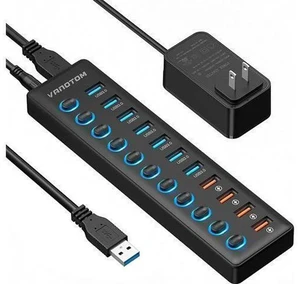 Powered USB Hub 3.0, 11-Port USB Hub Splitter (7 USB 3.0 Data Ports + 4 Smart Charging Port) with 12V/3A Power Adapter and LED Individual On/Off Switches for Laptop and PC Powered USB Hub 3.0, 11-Port USB Hub Splitter (7 USB 3.0 Data Ports + 4 Smart Charging Port) with 12V/3A Power Adapter and LED Individual On/Off Switches for Laptop and PC