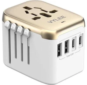Universal International Power Travel Plug Adapter, 5 in 1 European Travel Plug Adapter W/ 3.5A 2xUSB-A and 2xUSB C Wall Charger and Worldwide AC Outlet for Europe USA UK AUS Asia (White Gold) Universal International Power Travel Plug Adapter, 5 in 1 European Travel Plug Adapter W/ 3.5A 2xUSB-A and 2xUSB C Wall Charger and Worldwide AC Outlet for Europe USA UK AUS Asia (White Gold)